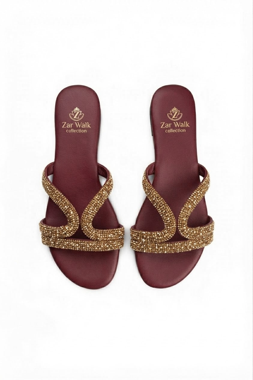 Embellished cross-strap flat sandals worn - Zar Walk Collection