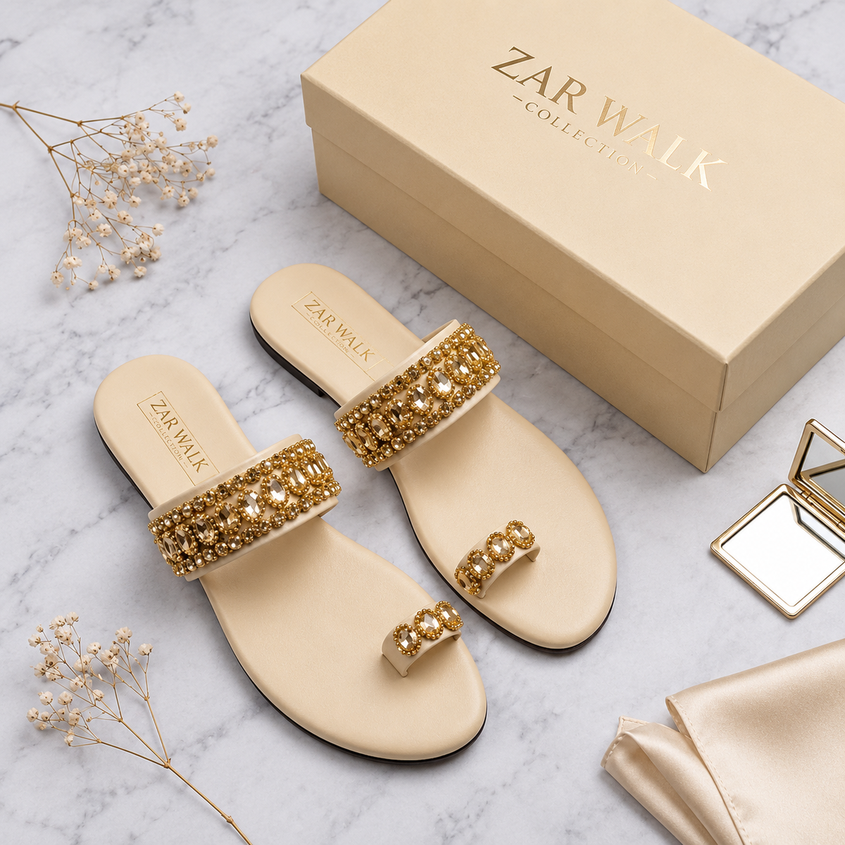 Elegant embellished flat sandals for women - Zar Walk Collection