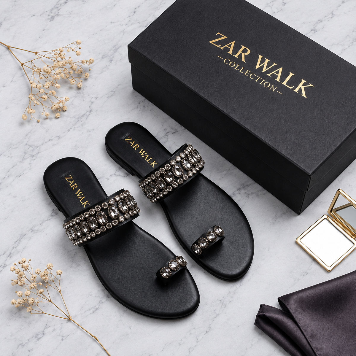 Embellished flat sandals side view - Zar Walk Collection