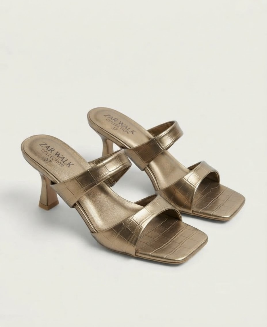 Golden women’s croc-textured block heel sandals