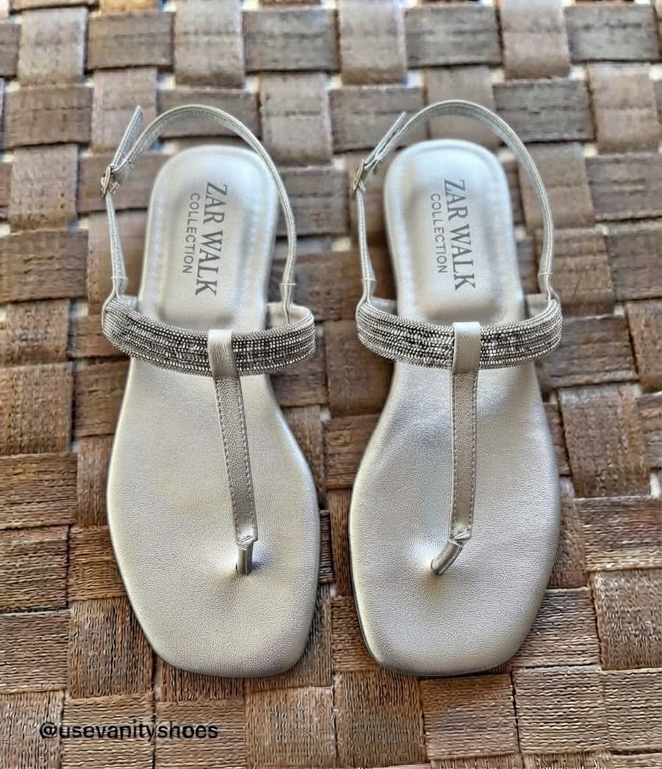 Silver embellished T-strap flat sandals